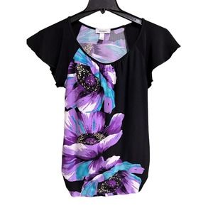 Dress Barn Women's Top Size Small Flutter Sleeve Black Purple Floral Sparkle